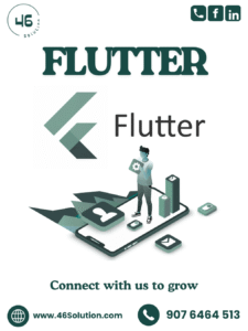Flutter app development interface showcasing cross-platform mobile, web, and desktop applications with modern UI design.